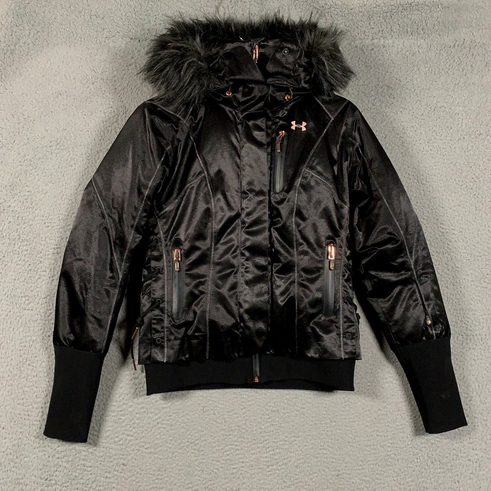Under Armour Lindsey Vonn Goose Down Ski Jacket Womens Small Black Faux Fur Hood